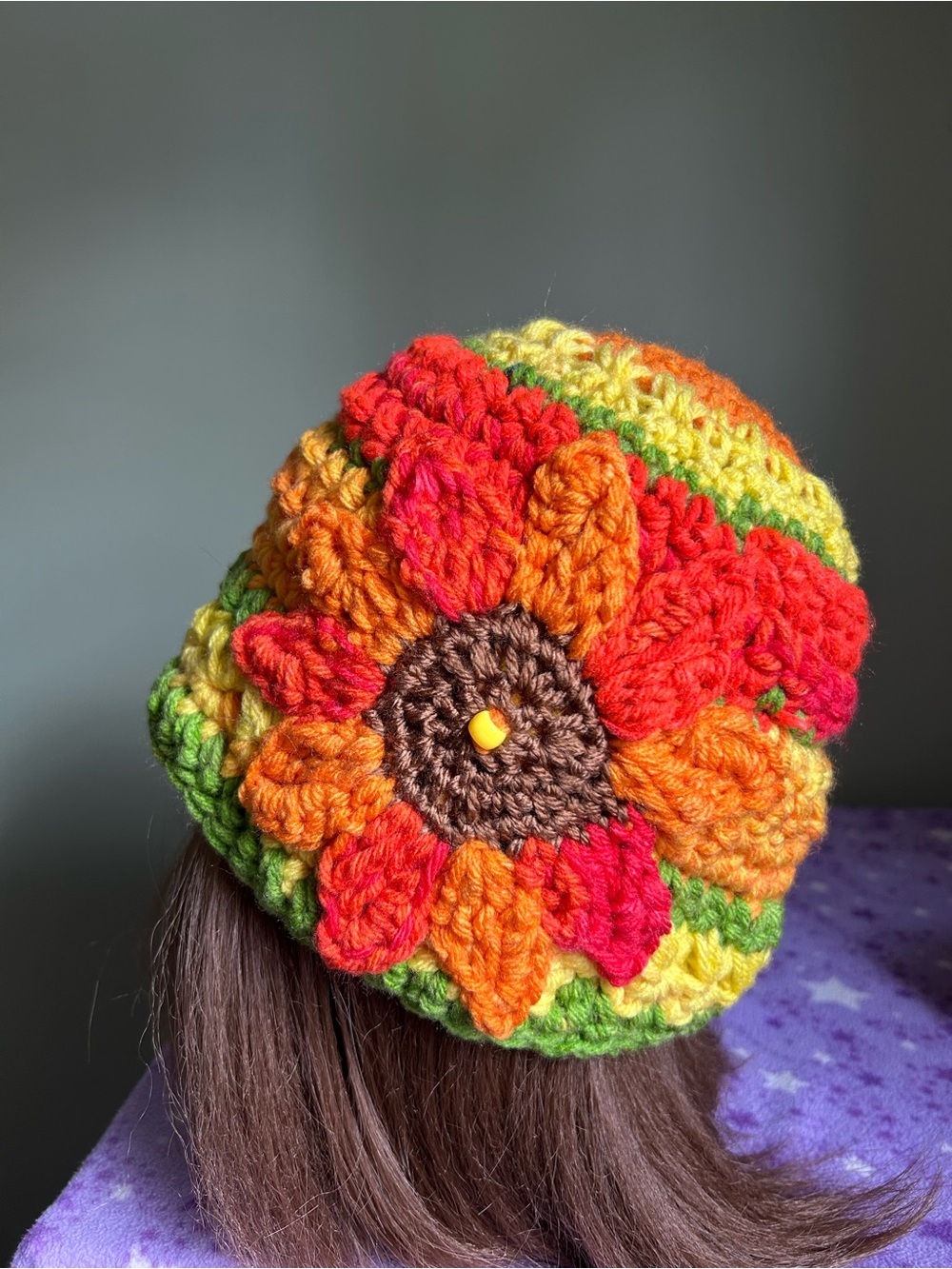 Handmade Multicolor Crochet Beanie with Sunflower Accent medium acrylic new